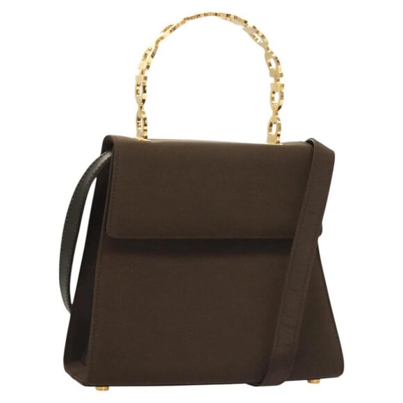 Salvatore Ferragamo Gancini Hand Bag Nylon 2way Brown Gold - Picture 1 of 14